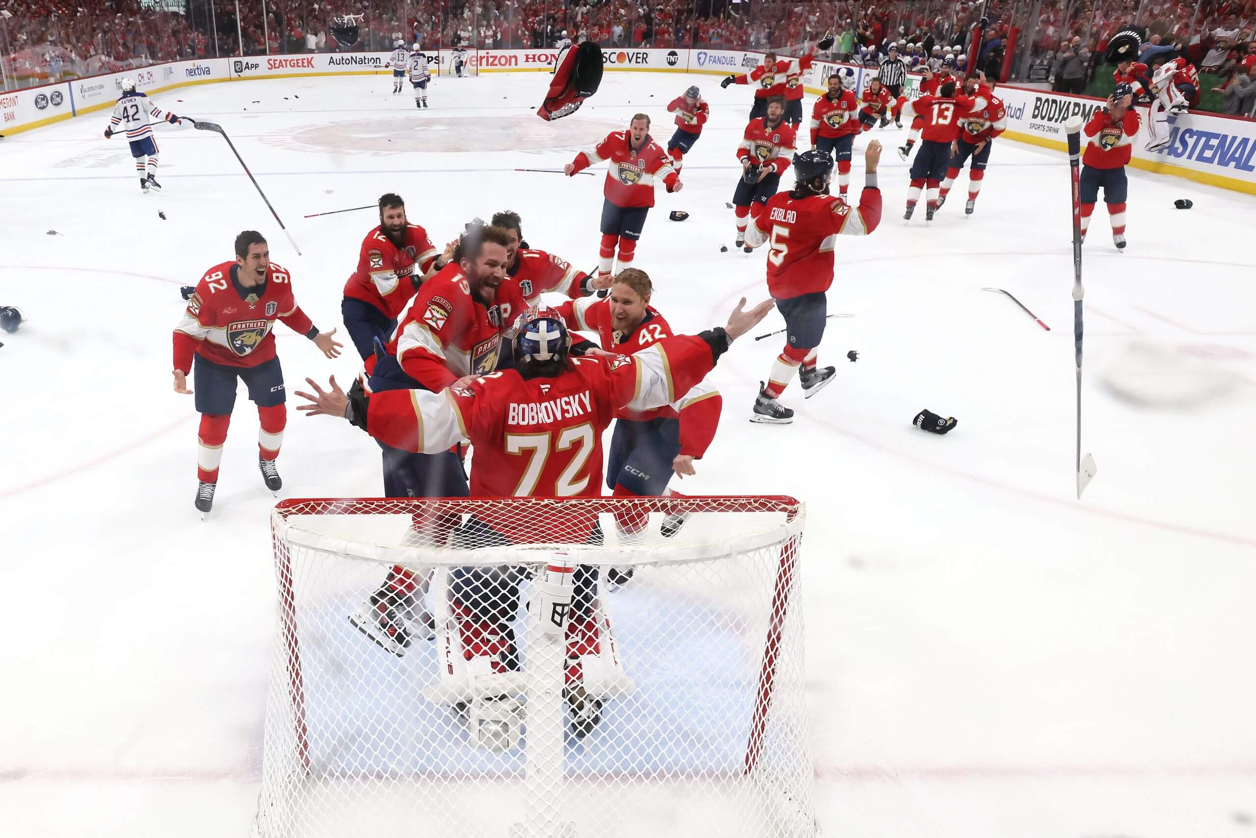 The Florida Panthers mob goalie Sergei Bobrovsky in celebration after clinching their second straight Stanley Cup.