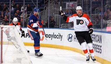ELMONT, NEW YORK - SEPTEMBER 21: Rodrigo Abols #18 of the Philadelphia Flyers celebrates his first period goal against the New York Islanders in a preseason game at UBS Arena on September 21, 2025 in Elmont, New York.