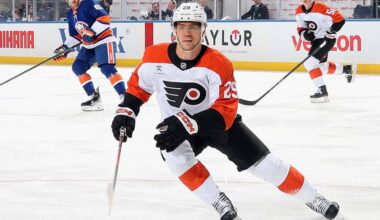 Nikita Grebenkin #29 of the Philadelphia Flyers skates against the New York Islanders in a preseason game at UBS Arena on September 21, 2025 in Elmont, New York.