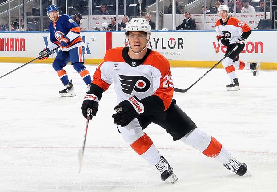 Nikita Grebenkin #29 of the Philadelphia Flyers skates against the New York Islanders in a preseason game at UBS Arena on September 21, 2025 in Elmont, New York.