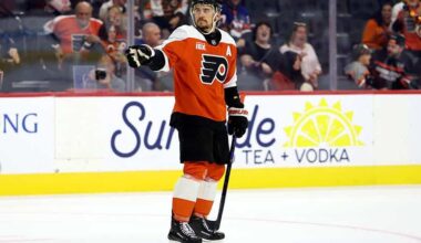 Travis Konecny #11 of the Philadelphia Flyers celebrates his goal during the second-period of a preseason game against the New York Islanders at Xfinity Mobile Arena on October 02, 2025 in Philadelphia, Pennsylvania.