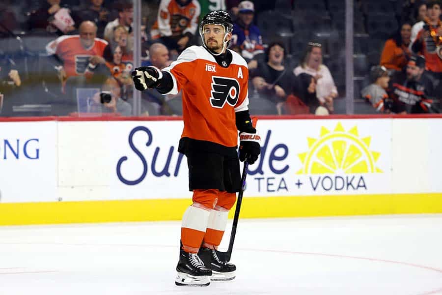 Travis Konecny #11 of the Philadelphia Flyers celebrates his goal during the second-period of a preseason game against the New York Islanders at Xfinity Mobile Arena on October 02, 2025 in Philadelphia, Pennsylvania.