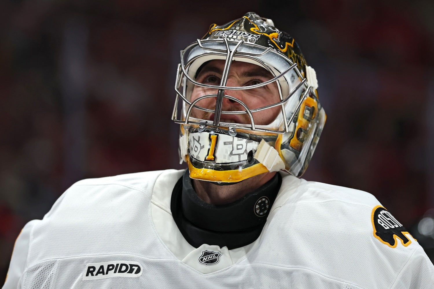 WASHINGTON, DC - OCTOBER 08: Jeremy Swayman #1 of the Boston Bruins looks on against the Washington Capitals during the second period at Capital One Arena on October 8, 2025 in Washington, DC. (Photo by Patrick Smith/Getty Images)