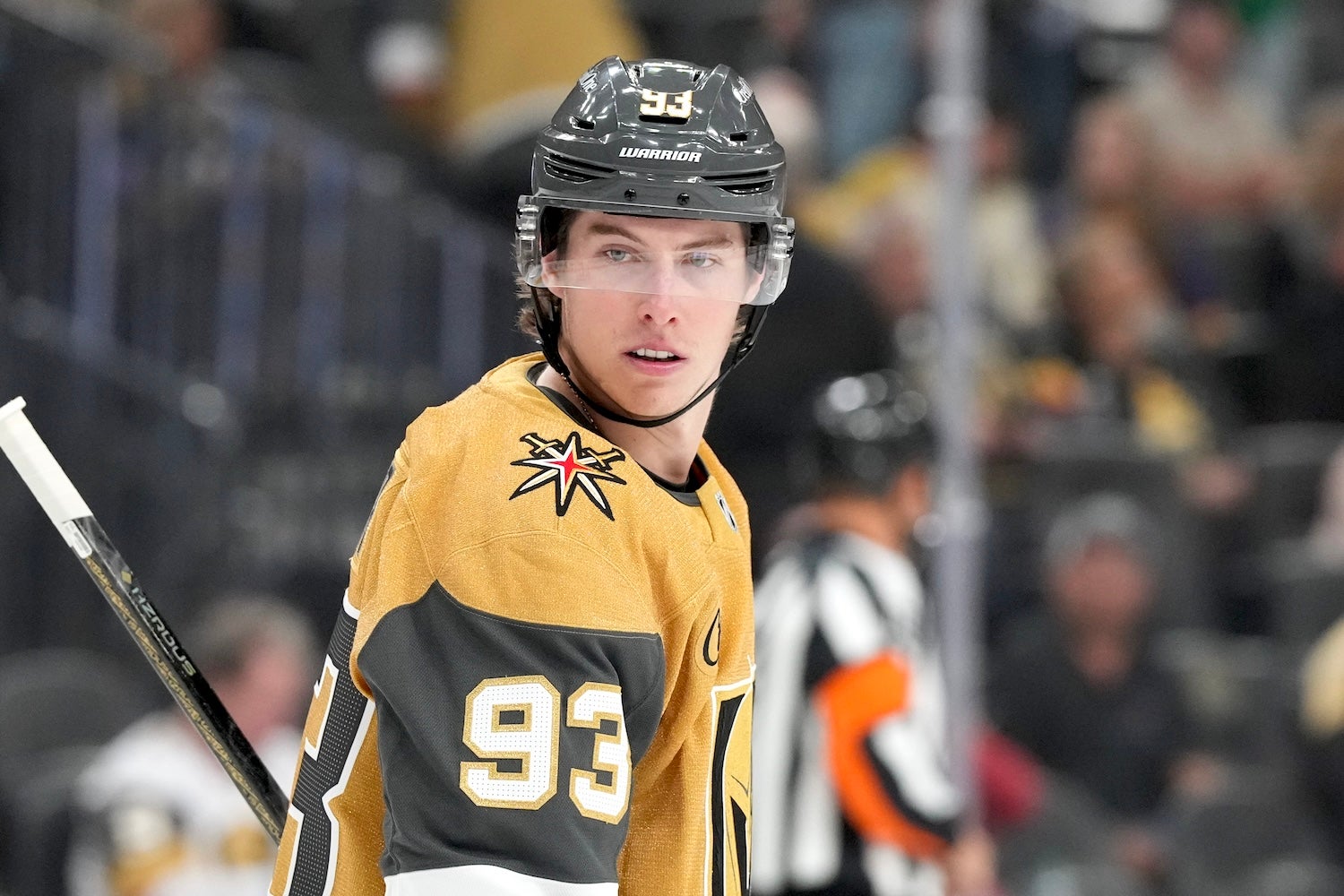 LAS VEGAS, NEVADA - OCTOBER 08: Mitch Marner #93 of the Vegas Golden Knights skates against the Los Angeles Kings in the third period of their game at T-Mobile Arena on October 08, 2025 in Las Vegas, Nevada. The Kings defeated the Golden Knights 6-5 in a shootout. (Photo by Candice Ward/Getty Images)