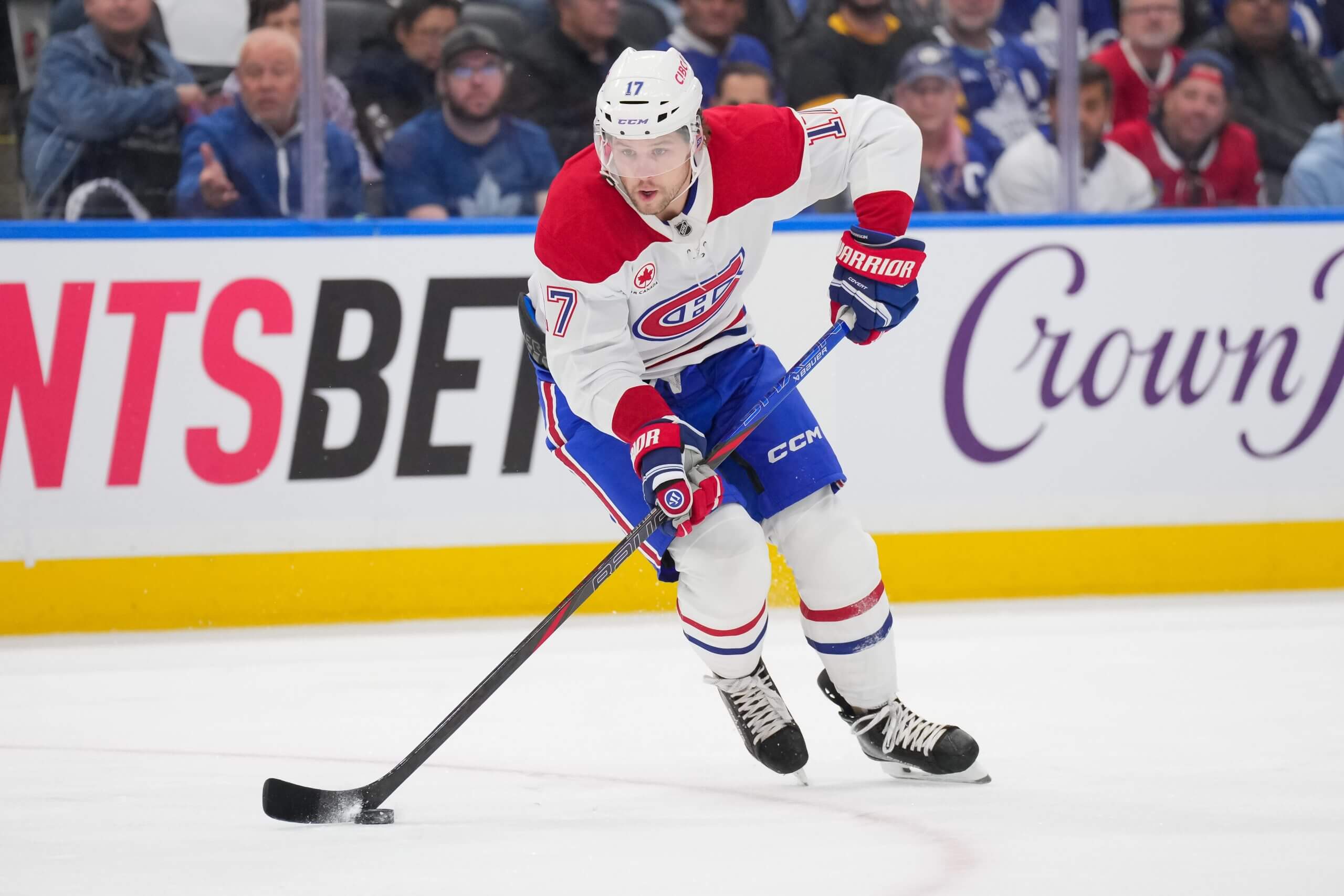 Josh Anderson skates with the puck against the Maple Leafs.
