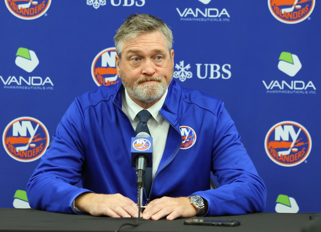 Head coach Patrick Roy of the New York Islanders speaks with the media prior to the game against the Winnipeg Jets at UBS Arena on October 13, 2025 in Elmont, New York.