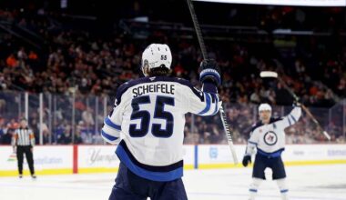 PHILADELPHIA, PENNSYLVANIA - OCTOBER 16: Mark Scheifele #55 of the Winnipeg Jets celebrates his goal during the third period against the Philadelphia Flyers at Xfinity Mobile Arena on October 16, 2025 in Philadelphia, Pennsylvania.