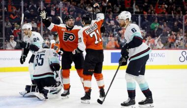 PHILADELPHIA, PENNSYLVANIA - OCTOBER 20: Tyson Foerster #71 of the Philadelphia Flyers celebrates his goal with Noah Cates #27 during the second period of a game against the Seattle Kraken at Xfinity Mobile Arena on October 20, 2025 in Philadelphia, Pennsylvania.
