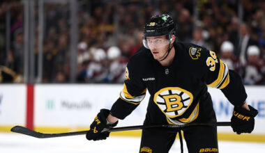BOSTON, MASSACHUSETTS - OCTOBER 25: Morgan Geekie #39 of the Boston Bruins looks on during the first period of the game against the Colorado Avalanche at TD Garden on October 25, 2025 in Boston, Massachusetts. (Photo by Maddie Meyer/Getty Images)