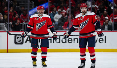 WASHINGTON, DC - OCTOBER 25: Alex Ovechkin #8 and Tom Wilson #43 of the Washington Capitals look on during the first period of the game against the Ottawa Senators at Capital One Arena on October 25, 2025 in Washington, DC. (Photo by Scott Taetsch/Getty Images)