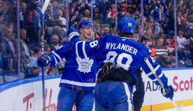 TORONTO, CANADA - OCTOBER 28: Matthew Knies #23 of the Toronto Maple Leafs celebrates after scoring a goal during the second period against the Calgary Flames at the Scotiabank Arena on October 28, 2025 in Toronto, Ontario, Canada. (Photo by Mark Blinch/NHLI via Getty Images)