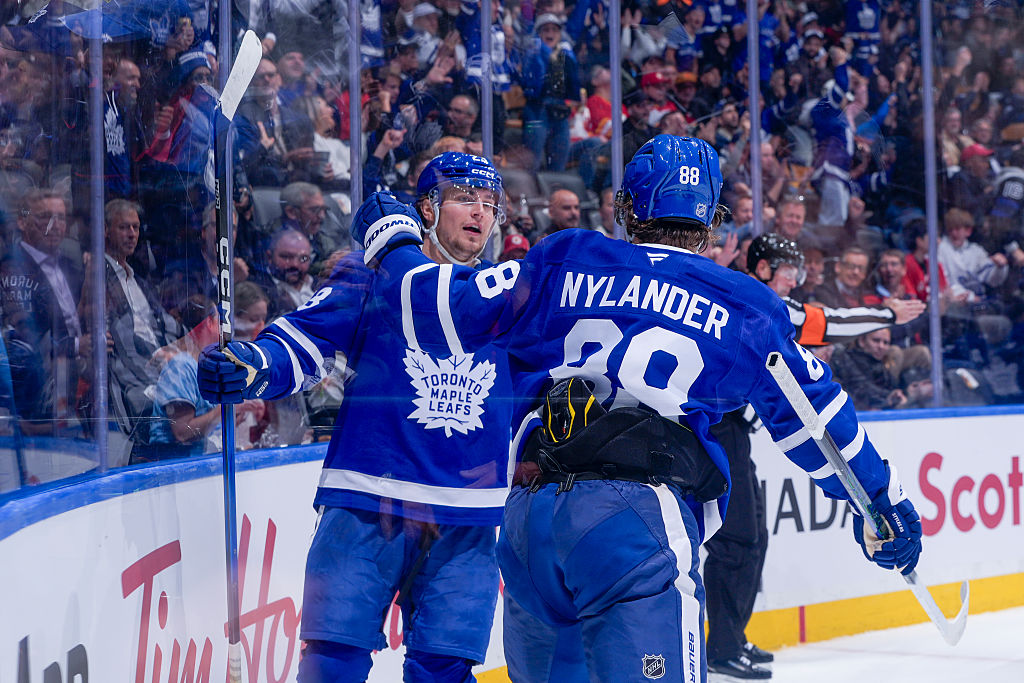 TORONTO, CANADA - OCTOBER 28: Matthew Knies #23 of the Toronto Maple Leafs celebrates after scoring a goal during the second period against the Calgary Flames at the Scotiabank Arena on October 28, 2025 in Toronto, Ontario, Canada. (Photo by Mark Blinch/NHLI via Getty Images)