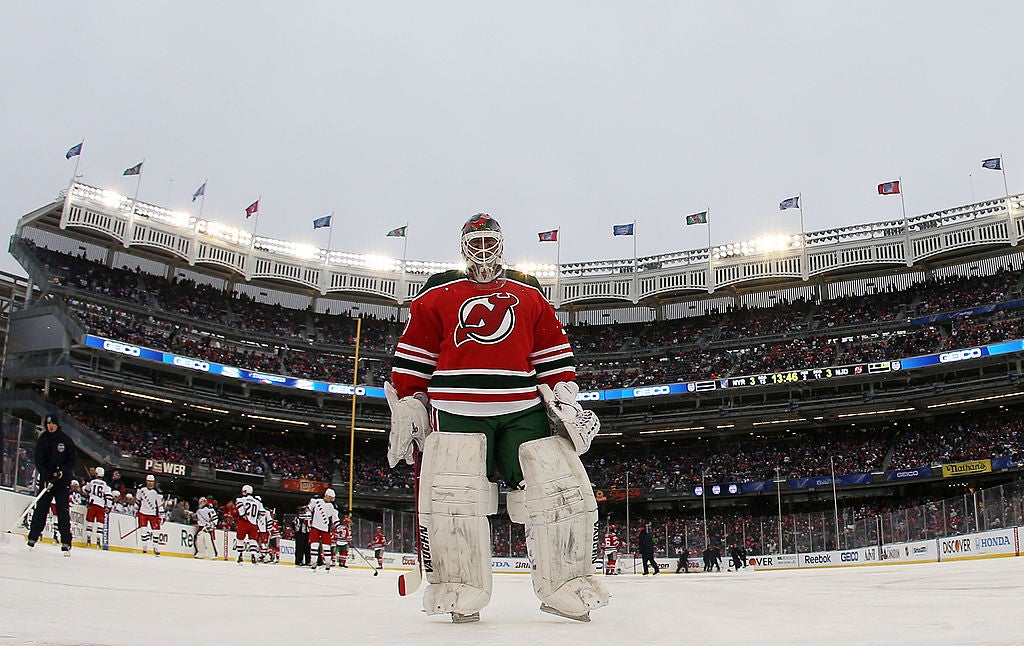 Martin Brodeur #30 of the New Jersey Devils skates during the 2014 NHL Stadium Series game against the New York Rangers at Yankee Stadium. (Bruce Bennett/Getty Images)
