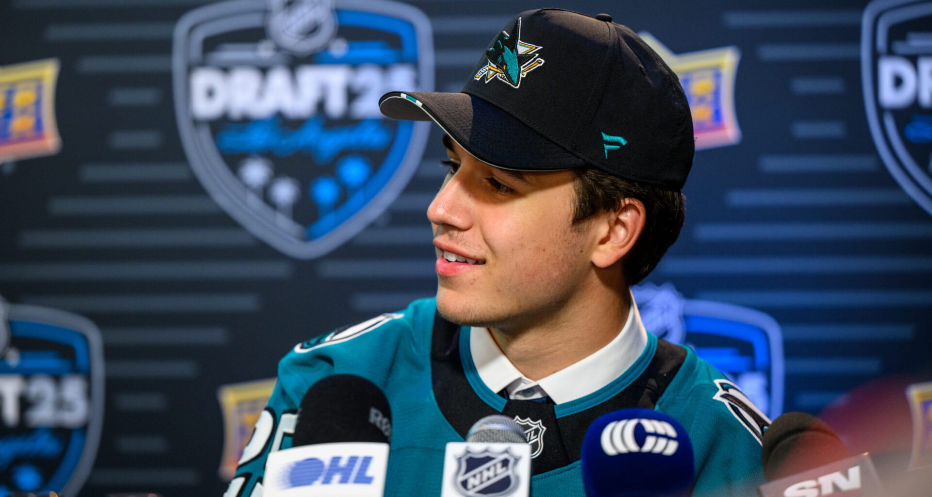 San Jose Sharks forward Michael Misa at the 2025 NHL Draft