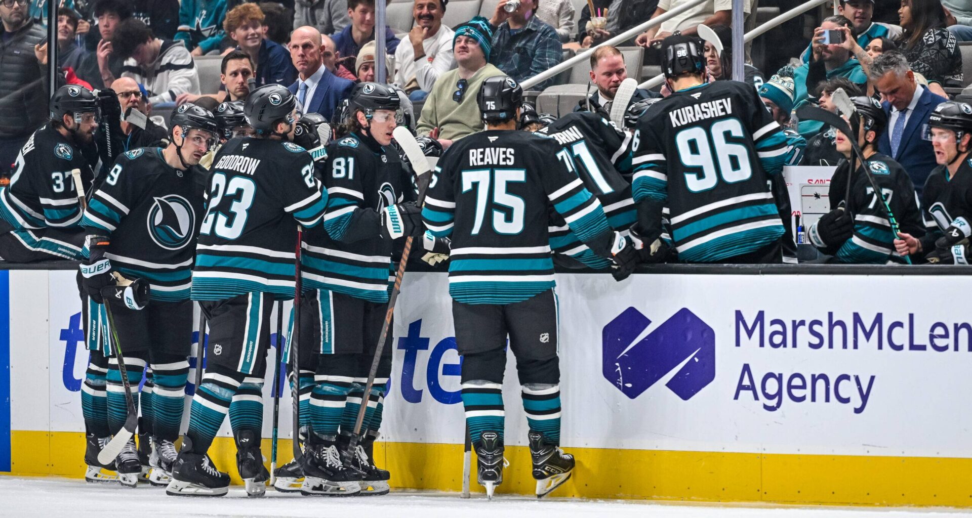 San Jose Sharks talk at the bench during a timeout