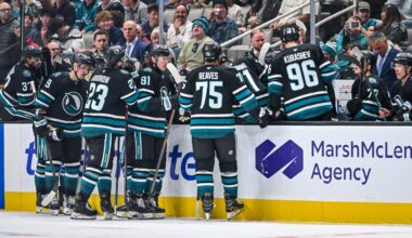 San Jose Sharks talk at the bench during a timeout