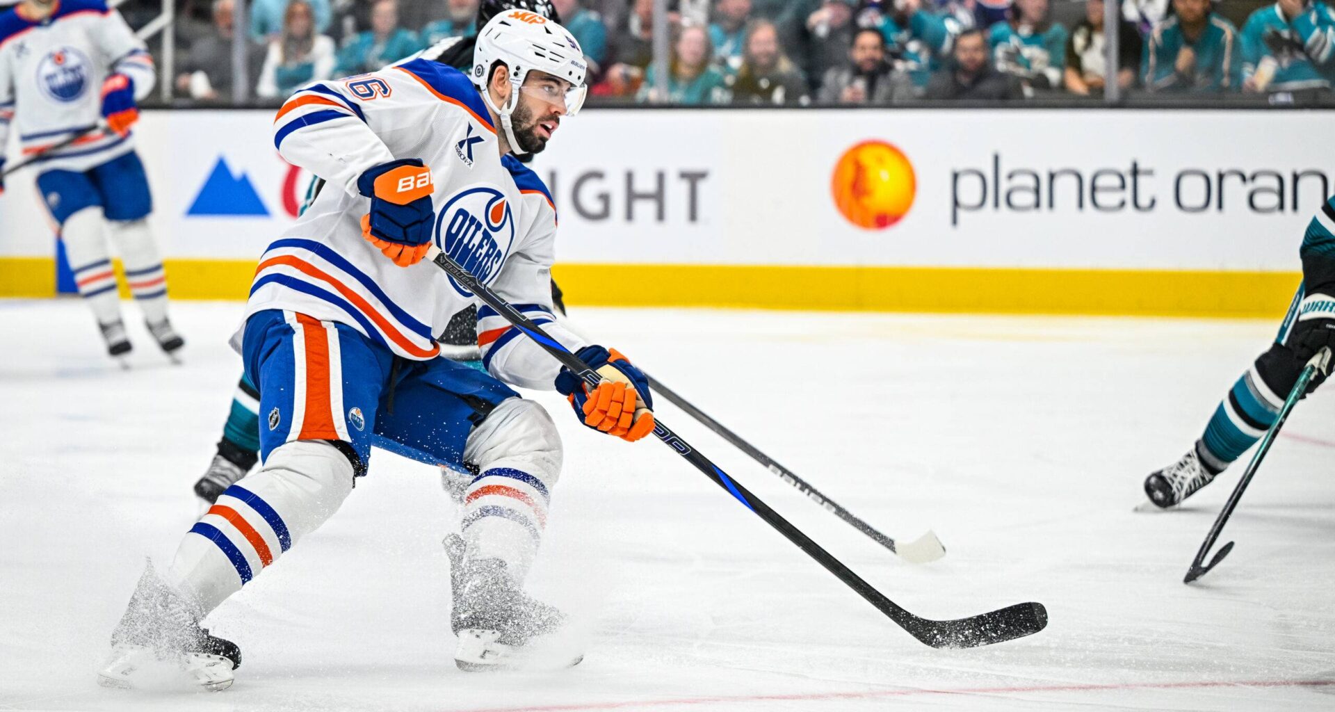 Jake Walman skates against the San Jose Sharks