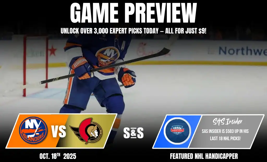 Game preview graphic featuring the NY Islanders vs Ottawa Senators, with a player's action shot and expert picks promotion.