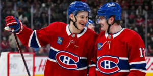 Ivan Demidov and Cole Caufield skating for the Montreal Canadiens