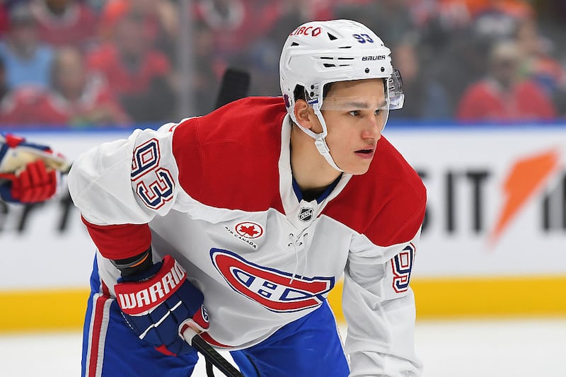 Ivan Demidov #93 of the Montreal Canadiens awaits a face-off during the game against the Edmonton Oilers