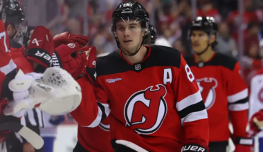 Jack Hughes celebrates a goal against the Montreal Canadiens