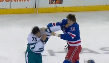 New York Rangers star forced to exit game with injury after heavyweight fight with San Jose Sharks brawler