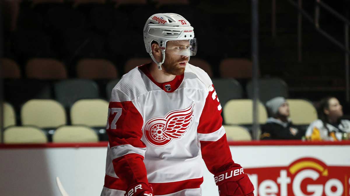 Detroit Red Wings forward JT Compher (37) takes the ice against the Pittsburgh Penguins during the first period at PPG Paints Arena.