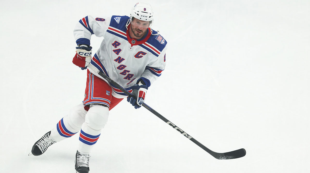 New York Rangers center J.T. Miller (8) warms up before the game against the Pittsburgh Penguins at PPG Paints Arena.