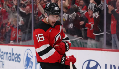 Jack Hughes celebrates his overtime game-winning goal for the New Jersey Devils against the Colorado Avalanche at the Prudential Center on Sunday afternoon.