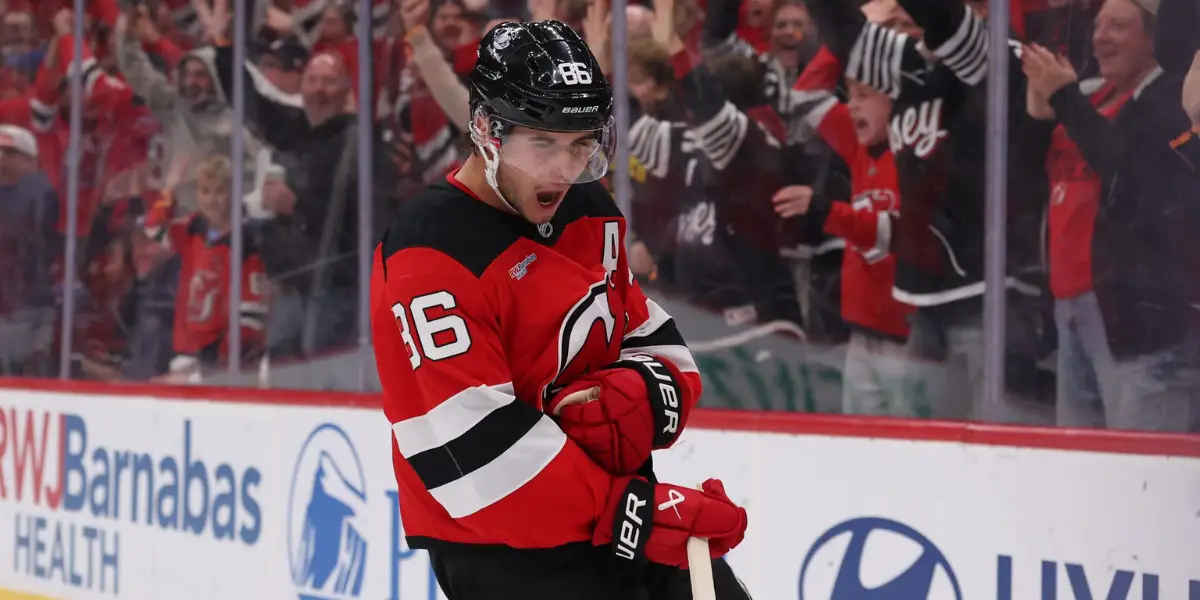 Jack Hughes celebrates his overtime game-winning goal for the New Jersey Devils against the Colorado Avalanche at the Prudential Center on Sunday afternoon.