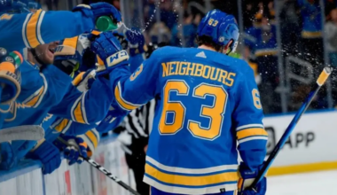 Jake Neighbours skating for the St. Louis Blues