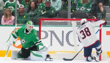 Columbus Blue Jackets center Boone Jenner (38) scores a goal on Dallas Stars goaltender Jake Oettinger (29) during the first period of an NHL hockey game Tuesday, Oct. 21, 2025, in Dallas. (AP Photo/Julio Cortez)