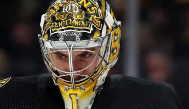 Jeremy Swayman in net for the Boston Bruins