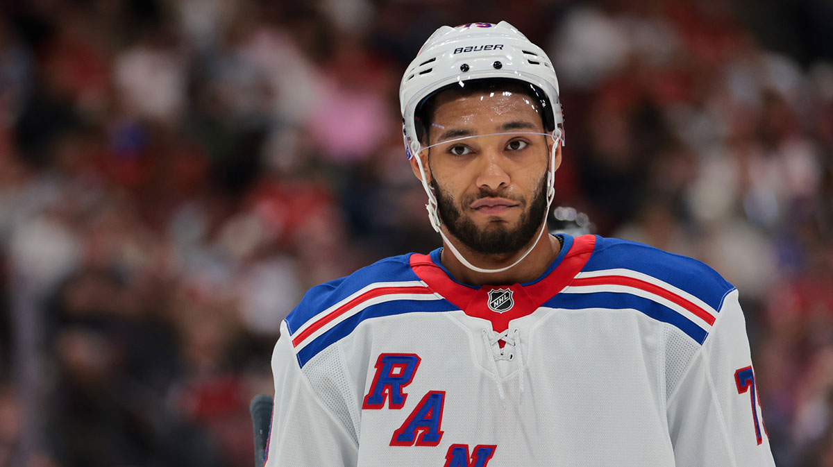 New York Rangers defenseman K'Andre Miller (79) looks on against the Florida Panthers during the second period at Amerant Bank Arena. 