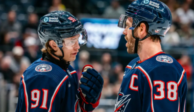 Blue Jacket's Kent Johnson having a word with Captain Boone Jenner