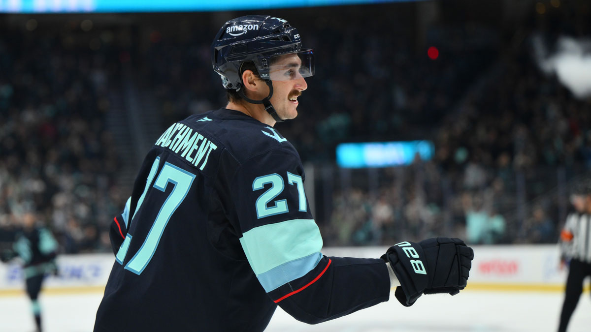 Seattle Kraken left wing Mason Marchment (27) celebrates after scorig a goal against the Anaheim Ducks during the second period at Climate Pledge Arena.
