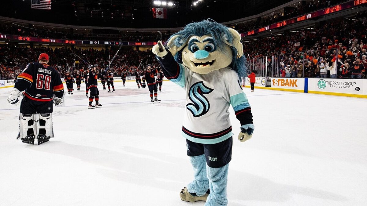Seattle Kraken mascot Buoy at a Coachella Valley Firebirds game | Photo credit: Mike Zitek via Wikimedia Commons