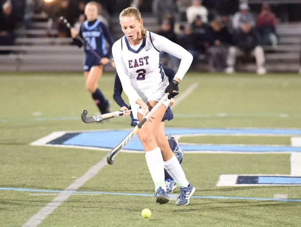 Central Bucks East's Sydney Lafferty, 2, with the ball against North Penn during their District 1-3A first round game on Monday, Oct. 20, 2025. (Mike Cabrey/MediaNews Group)