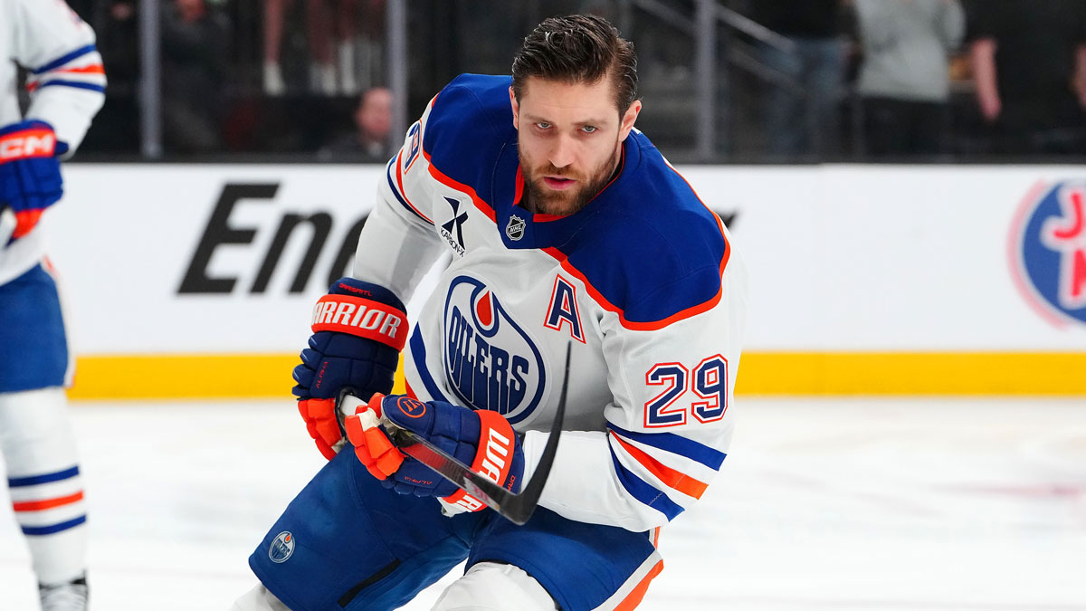 Edmonton Oilers center Leon Draisaitl (29) warms up before game one against the Vegas Golden Knights in the second round of the 2025 Stanley Cup Playoffs at T-Mobile Arena.
