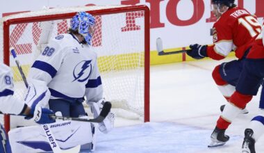 Florida Panthers left wing Matthew Tkachuk (19) scores against Tampa Bay Lightning goaltender Andrei Vasilevskiy (88) during the first period in Game 3 of an NHL hockey Stanley Cup first-round playoff series, Saturday, April 26, 2025, in Sunrise, Fla. (AP Photo/Rhona Wise)
