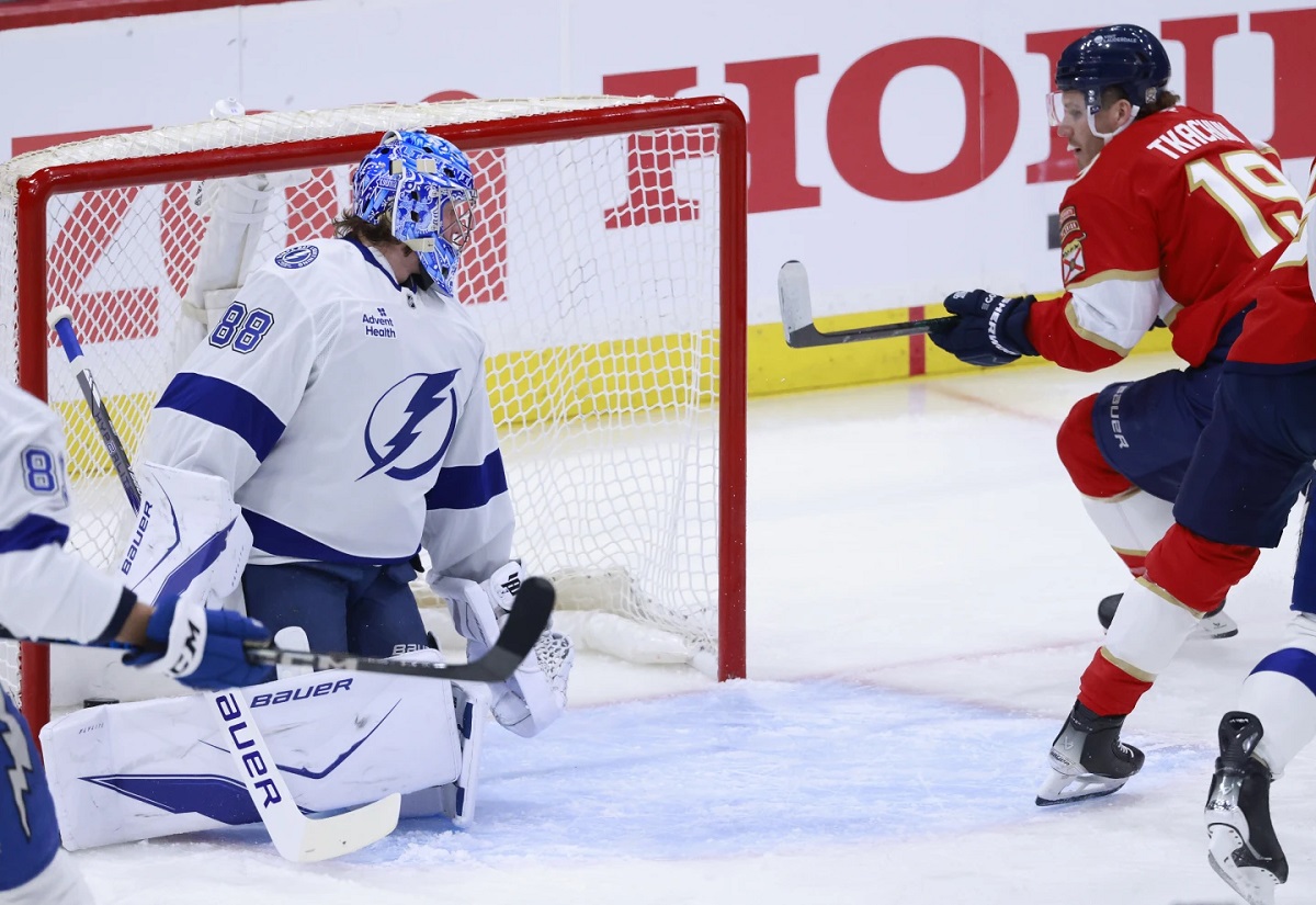 Florida Panthers left wing Matthew Tkachuk (19) scores against Tampa Bay Lightning goaltender Andrei Vasilevskiy (88) during the first period in Game 3 of an NHL hockey Stanley Cup first-round playoff series, Saturday, April 26, 2025, in Sunrise, Fla. (AP Photo/Rhona Wise)