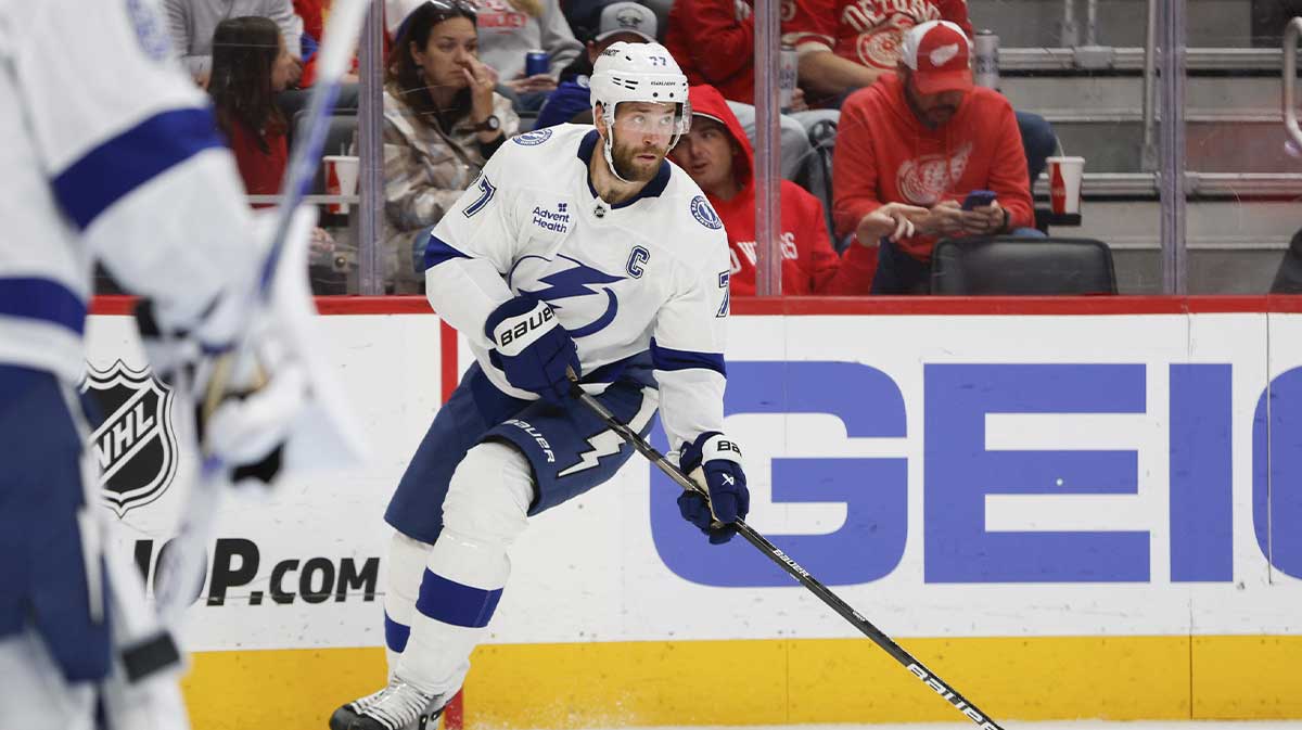 ampa Bay Lightning right wing Nikita Kucherov (86) looks on against the Florida Panthers in the second period during game three of the first round of the 2025 Stanley Cup Playoffs at Amerant Bank Arena.
