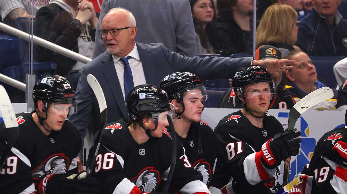 Buffalo Sabres head coach Lindy Ruff talks to his team during the second period against the Tampa Bay Lightning at KeyBank Center.