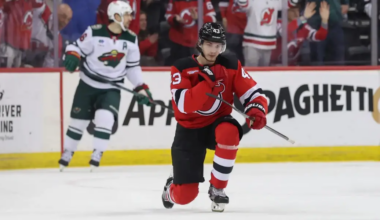 New Jersey Devils defenseman Luke Hughes celebrates a first-period goal against the Minnesota Wild.