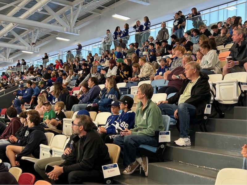 Students pack the stands at the Muskoka Lumber Community Centre in Bracebridge, Ont. on Wed., Oct. 1, 2025, to watch the Toronto Maple Leafs hold training camp.