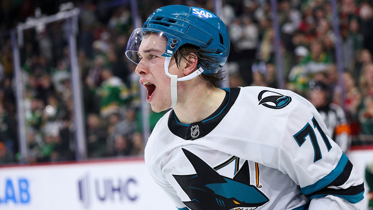 San Jose Sharks center Macklin Celebrini (71) celebrates his game winning overtime goal against the Minnesota Wild at Grand Casino Arena.