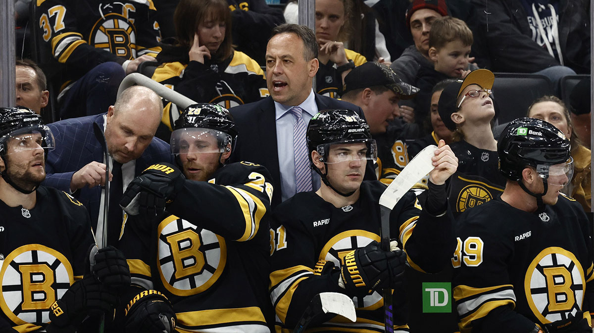 Boston Bruins head coach Marco Sturm talks to his players during the third period against the Tampa Bay Lightning at TD Garden. 