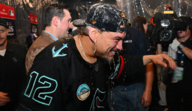 Seattle Kraken left wing Mason Marchment (27) celebrates after scorig a goal against the Anaheim Ducks during the second period at Climate Pledge Arena.