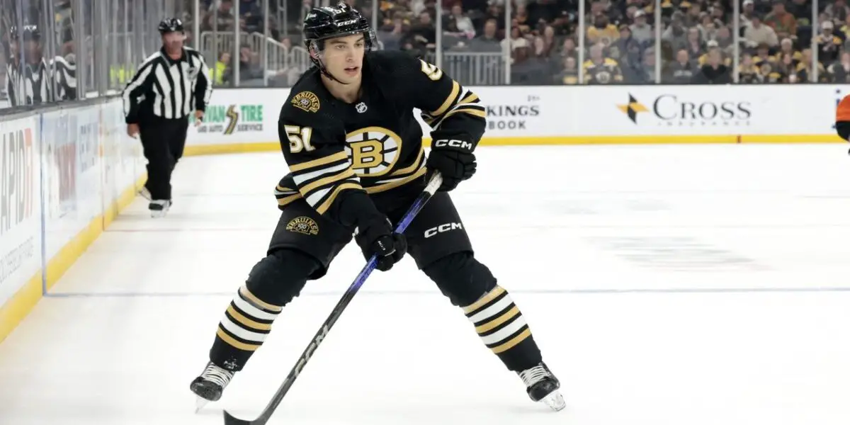 Matthew Poitras skating for the Boston Bruins