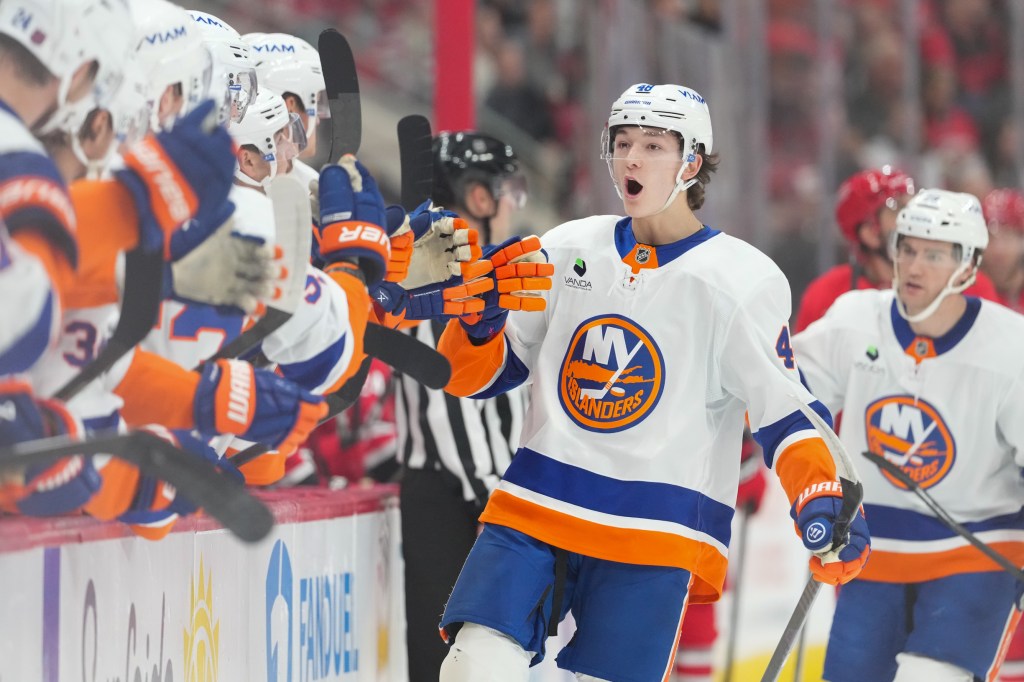 Matthew Schaefer celebrates after scoring a first-period goal during the Islanders' loss to the Hurricanes.